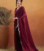 Burgundy plain chiffon designer saree with blouse piece