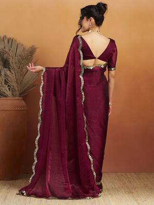 Burgundy plain chiffon designer saree with blouse piece 2
