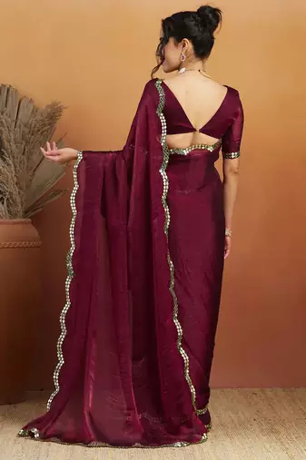 Burgundy plain chiffon designer saree with blouse piece