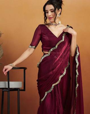 Burgundy plain chiffon designer saree with blouse piece 3
