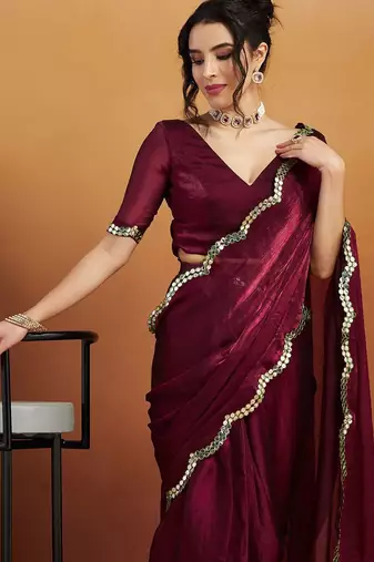 Burgundy plain chiffon designer saree with blouse piece