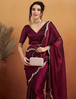 Burgundy plain chiffon designer saree with blouse piece 4