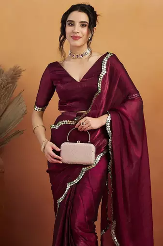 Burgundy plain chiffon designer saree with blouse piece
