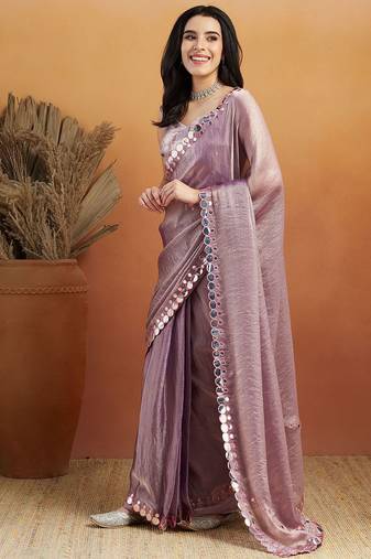 Purple plain chiffon designer saree with blouse piece