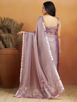 Purple plain chiffon designer saree with blouse piece 2