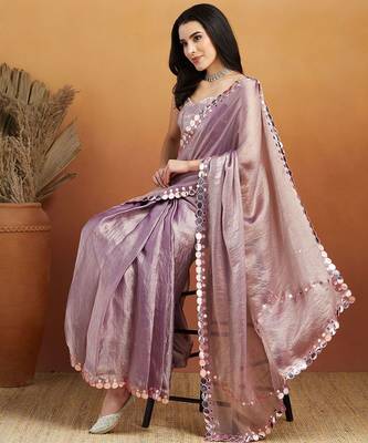 Purple plain chiffon designer saree with blouse piece 3