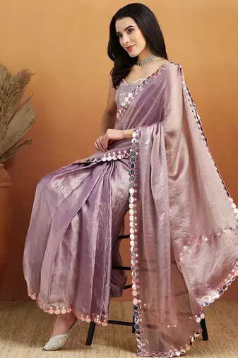 Purple plain chiffon designer saree with blouse piece