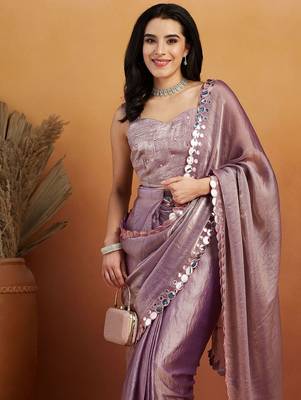 Purple plain chiffon designer saree with blouse piece 4