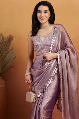 Purple plain chiffon designer saree with blouse piece