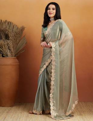 Green plain chiffon designer saree with blouse piece 1