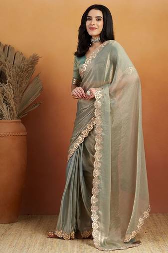 Green plain chiffon designer saree with blouse piece