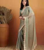 Green plain chiffon designer saree with blouse piece