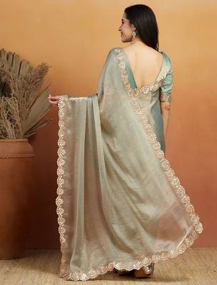 Green plain chiffon designer saree with blouse piece 2