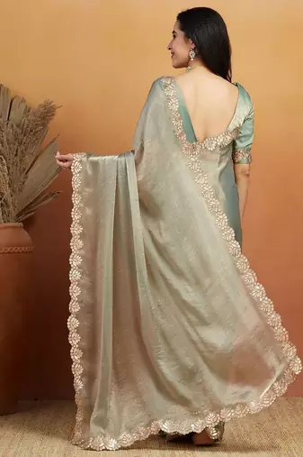 Green plain chiffon designer saree with blouse piece