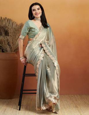 Green plain chiffon designer saree with blouse piece 3