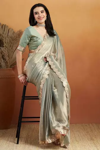 Green plain chiffon designer saree with blouse piece