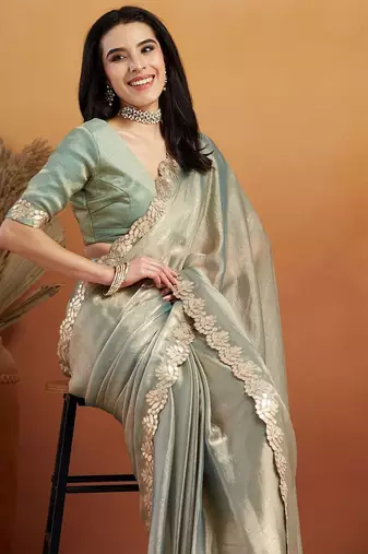 Green plain chiffon designer saree with blouse piece