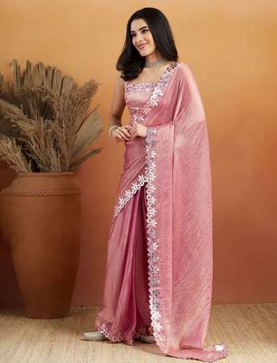 Pink plain tissue festive wear saree with blouse piece 1
