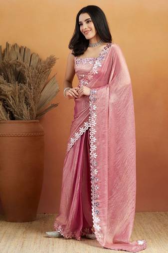 Pink plain tissue festive wear saree with blouse piece