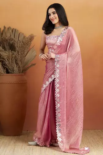 Pink plain tissue festive wear saree with blouse piece