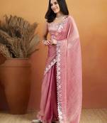 Pink plain tissue festive wear saree with blouse piece