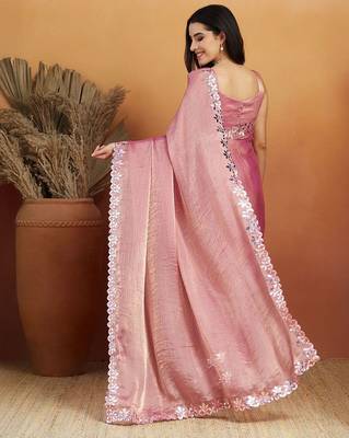 Pink plain tissue festive wear saree with blouse piece 2