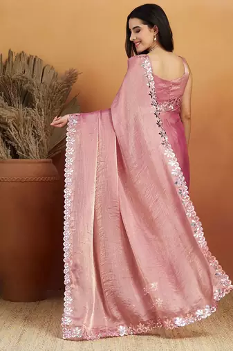 Pink plain tissue festive wear saree with blouse piece