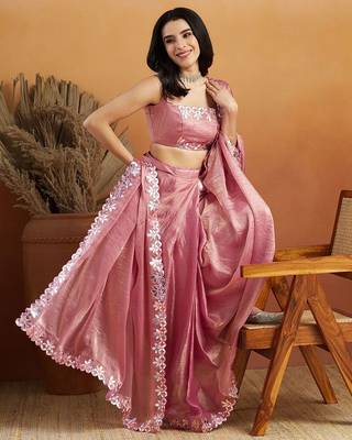 Pink plain tissue festive wear saree with blouse piece 3
