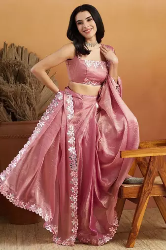 Pink plain tissue festive wear saree with blouse piece