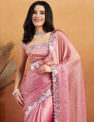 Pink plain tissue festive wear saree with blouse piece 4