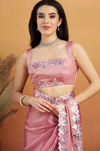 Pink plain tissue festive wear saree with blouse piece