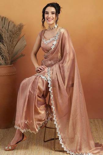 Brown plain chiffon designer saree with blouse piece