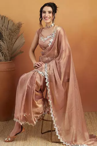 Brown plain chiffon designer saree with blouse piece