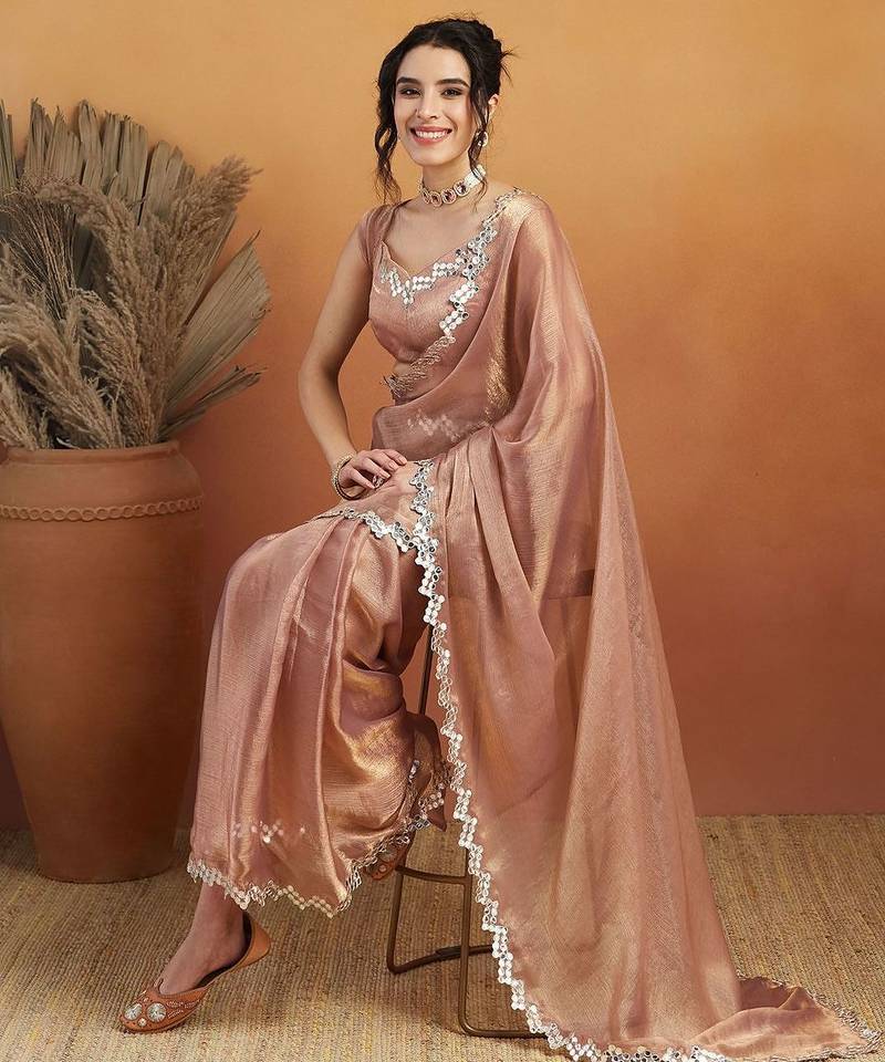 Brown plain chiffon designer saree with blouse piece