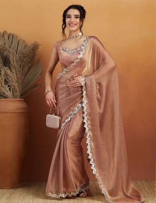 Brown plain chiffon designer saree with blouse piece 2
