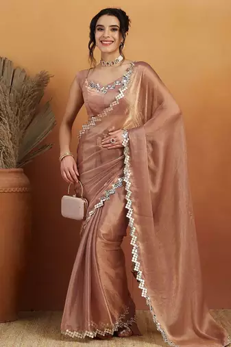 Brown plain chiffon designer saree with blouse piece