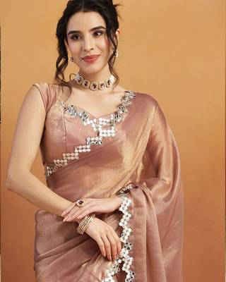 Brown plain chiffon designer saree with blouse piece 3