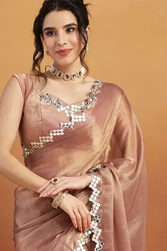 Brown plain chiffon designer saree with blouse piece