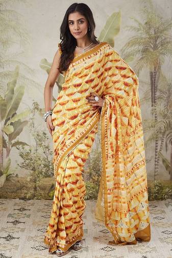 Yellow elegant printed polycotton saree with blouse piece