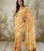 Yellow elegant printed polycotton saree with blouse piece