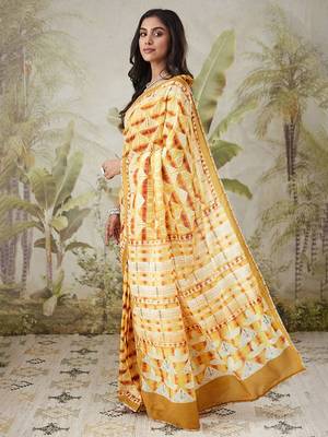 Yellow elegant printed polycotton saree with blouse piece 2