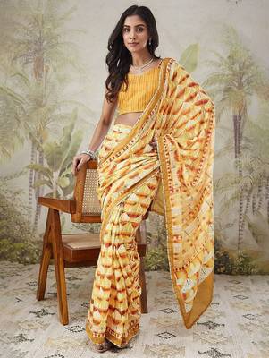 Yellow elegant printed polycotton saree with blouse piece 4