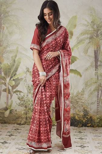 Maroon elegant printed polycotton saree with blouse piece