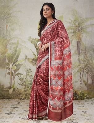 Maroon elegant printed polycotton saree with blouse piece 2