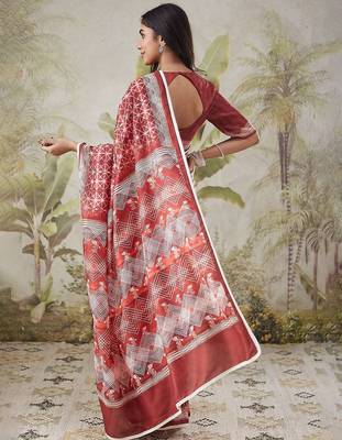 Maroon elegant printed polycotton saree with blouse piece 3