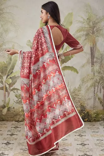 Maroon elegant printed polycotton saree with blouse piece