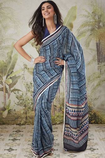 Navy blue elegant printed polycotton saree with blouse piece