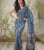 Navy blue elegant printed polycotton saree with blouse piece