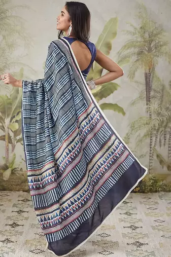 Navy blue elegant printed polycotton saree with blouse piece