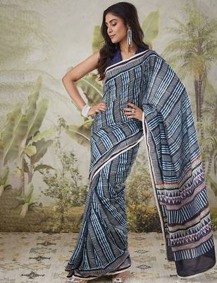 Navy blue elegant printed polycotton saree with blouse piece 4